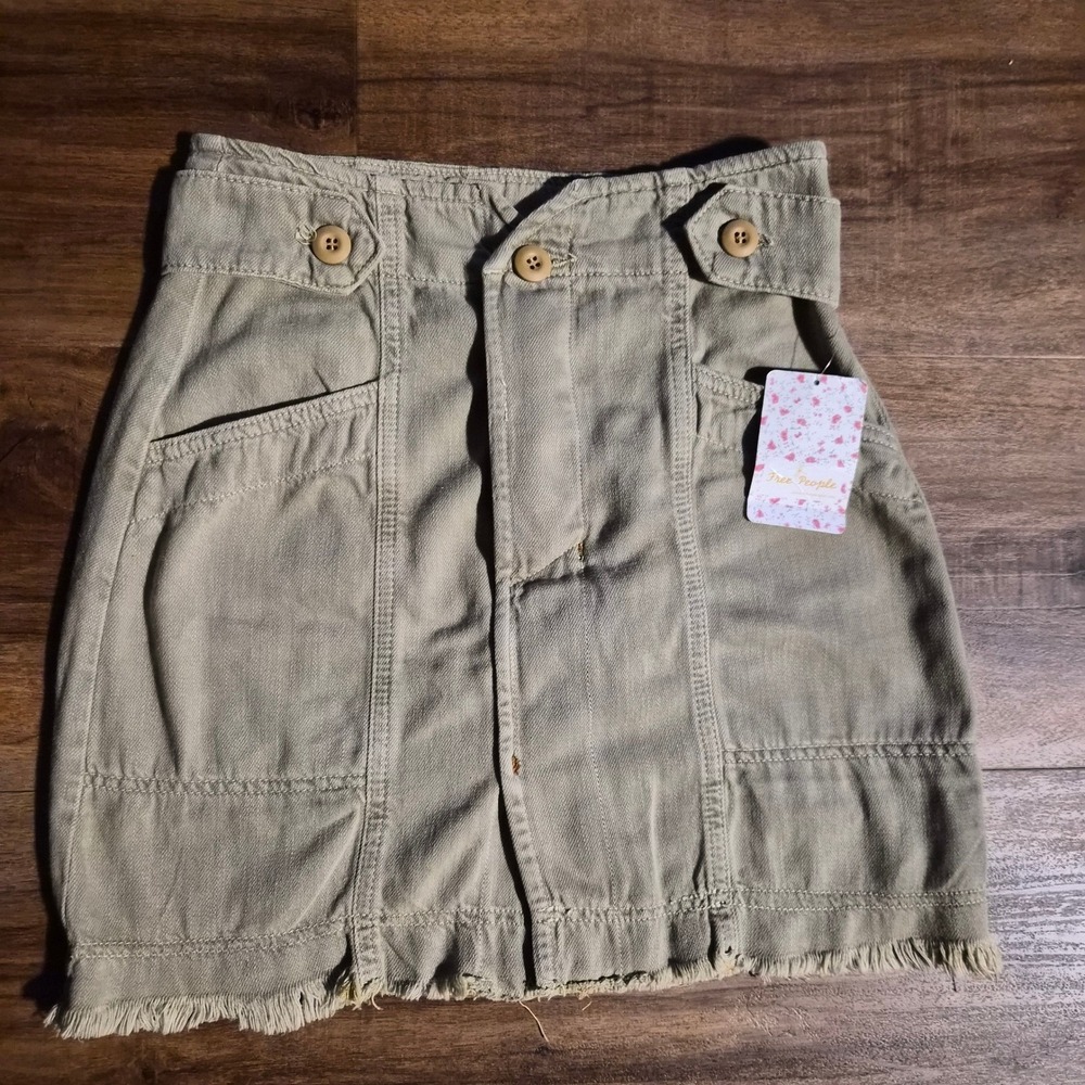 NWT Free People Olive‎ Green Khaki Cotton Lyocell Frayed Hem Mini Skirt 2 Boho